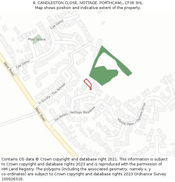 8, CANDLESTON CLOSE, NOTTAGE, PORTHCAWL, CF36 3HL: Location map and indicative extent of plot