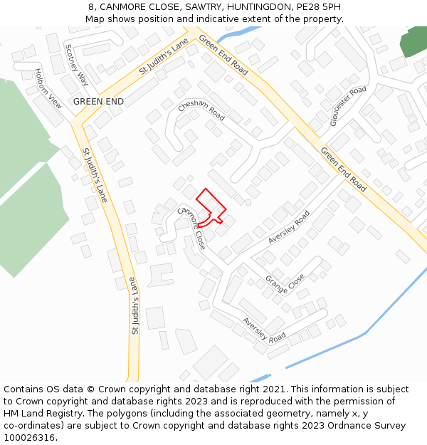 8, CANMORE CLOSE, SAWTRY, HUNTINGDON, PE28 5PH: Location map and indicative extent of plot