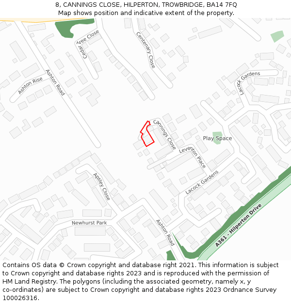 8, CANNINGS CLOSE, HILPERTON, TROWBRIDGE, BA14 7FQ: Location map and indicative extent of plot