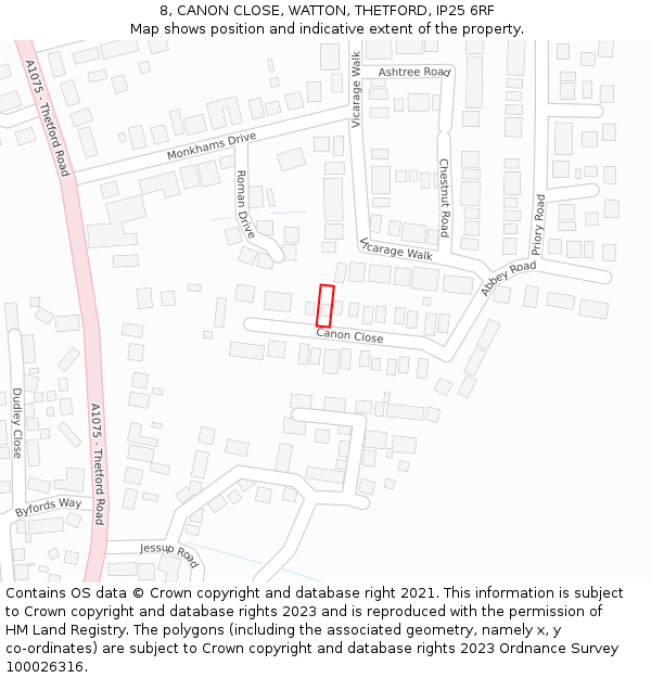 8, CANON CLOSE, WATTON, THETFORD, IP25 6RF: Location map and indicative extent of plot