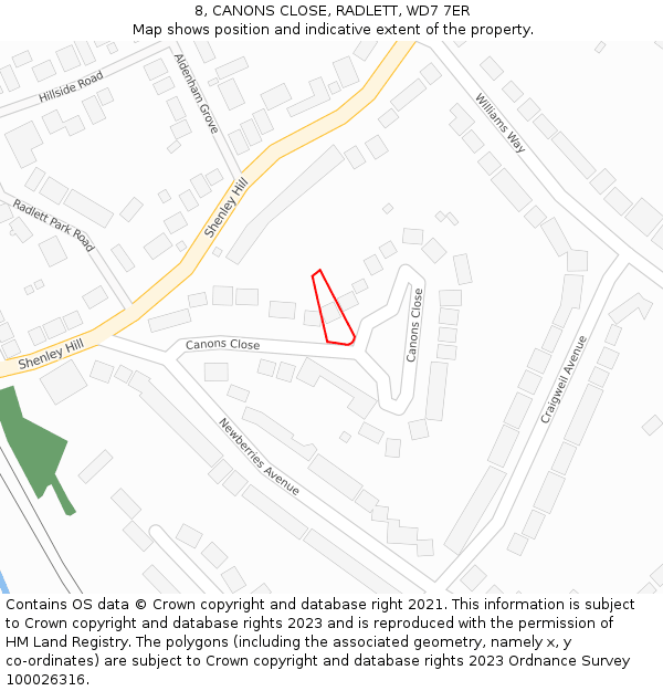 8, CANONS CLOSE, RADLETT, WD7 7ER: Location map and indicative extent of plot