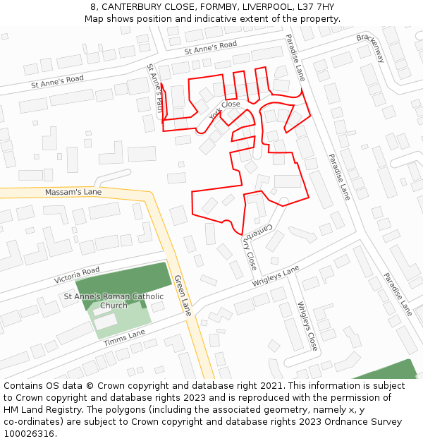 8, CANTERBURY CLOSE, FORMBY, LIVERPOOL, L37 7HY: Location map and indicative extent of plot