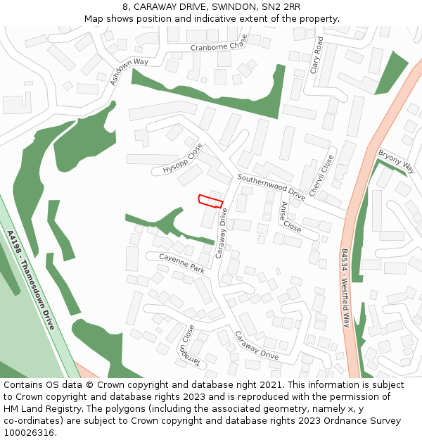 8, CARAWAY DRIVE, SWINDON, SN2 2RR: Location map and indicative extent of plot