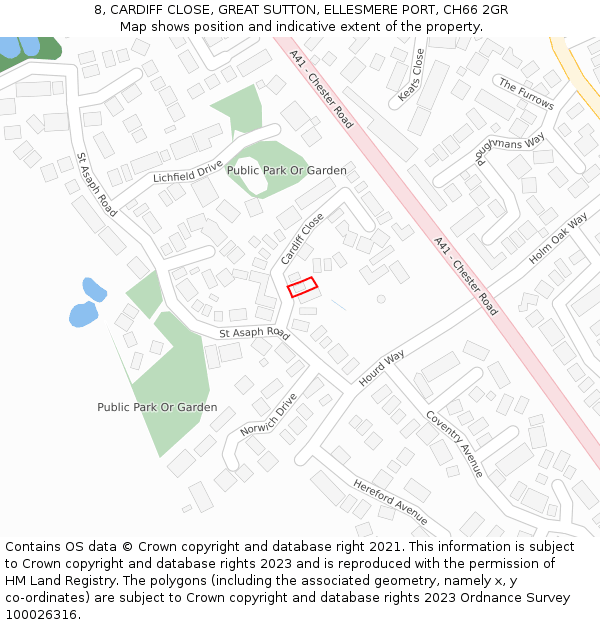 8, CARDIFF CLOSE, GREAT SUTTON, ELLESMERE PORT, CH66 2GR: Location map and indicative extent of plot