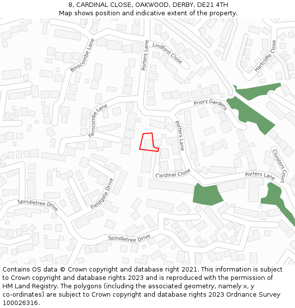 8, CARDINAL CLOSE, OAKWOOD, DERBY, DE21 4TH: Location map and indicative extent of plot