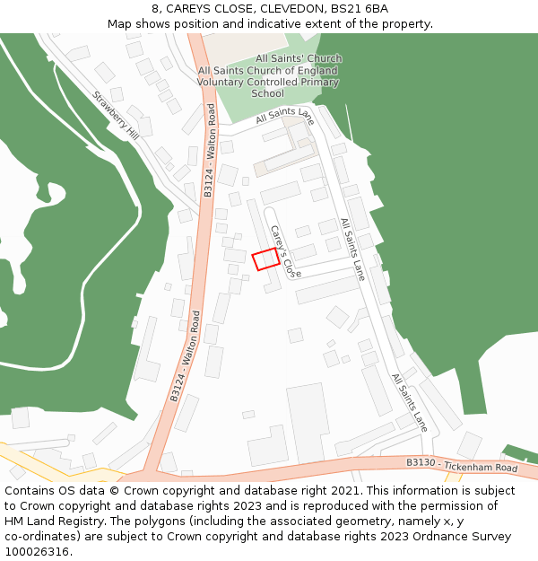 8, CAREYS CLOSE, CLEVEDON, BS21 6BA: Location map and indicative extent of plot