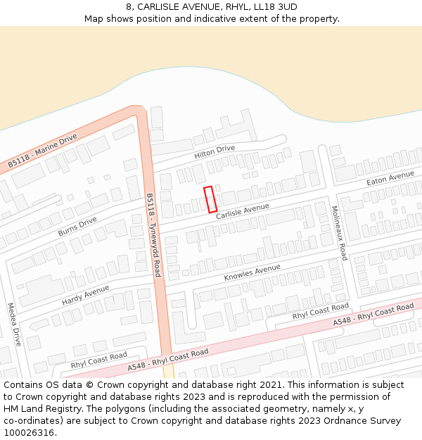 8, CARLISLE AVENUE, RHYL, LL18 3UD: Location map and indicative extent of plot