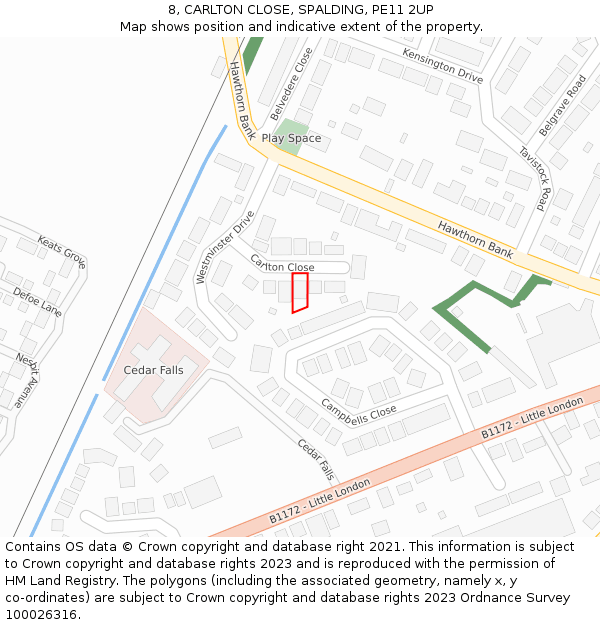 8, CARLTON CLOSE, SPALDING, PE11 2UP: Location map and indicative extent of plot