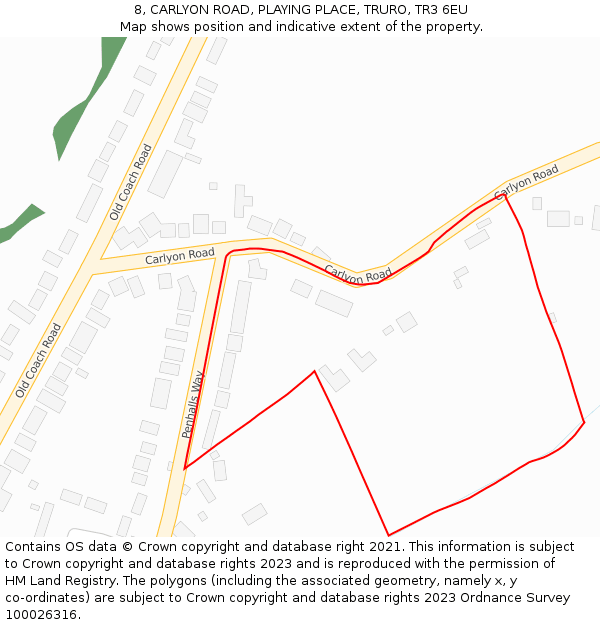 8, CARLYON ROAD, PLAYING PLACE, TRURO, TR3 6EU: Location map and indicative extent of plot