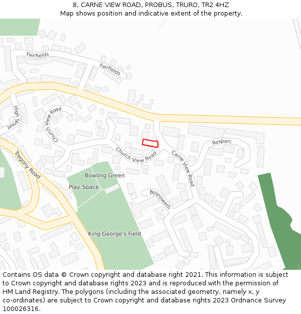8, CARNE VIEW ROAD, PROBUS, TRURO, TR2 4HZ: Location map and indicative extent of plot