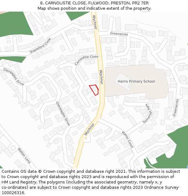 8, CARNOUSTIE CLOSE, FULWOOD, PRESTON, PR2 7ER: Location map and indicative extent of plot