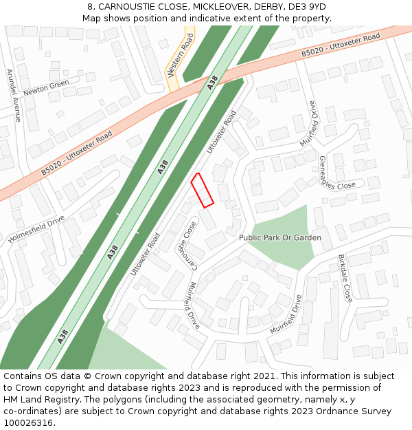 8, CARNOUSTIE CLOSE, MICKLEOVER, DERBY, DE3 9YD: Location map and indicative extent of plot