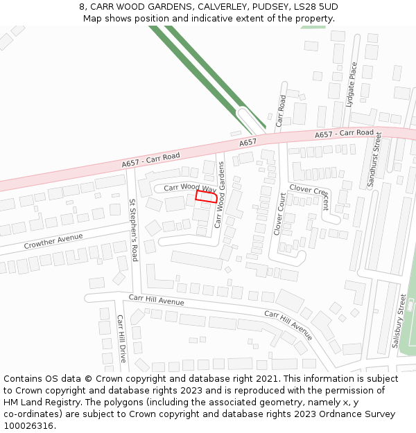 8, CARR WOOD GARDENS, CALVERLEY, PUDSEY, LS28 5UD: Location map and indicative extent of plot