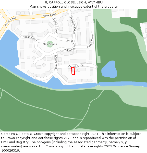 8, CARROLL CLOSE, LEIGH, WN7 4BU: Location map and indicative extent of plot