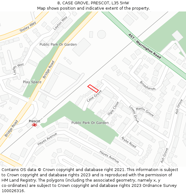 8, CASE GROVE, PRESCOT, L35 5HW: Location map and indicative extent of plot