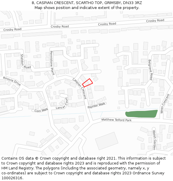 8, CASPIAN CRESCENT, SCARTHO TOP, GRIMSBY, DN33 3RZ: Location map and indicative extent of plot