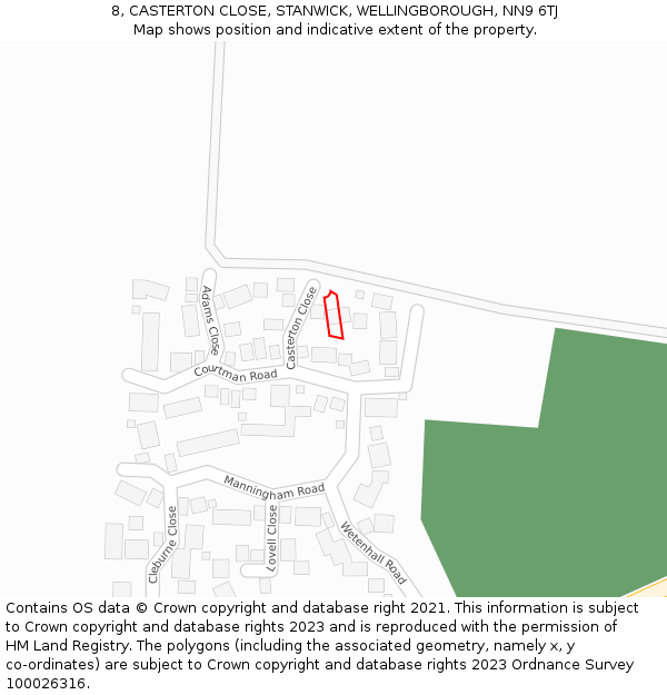 8, CASTERTON CLOSE, STANWICK, WELLINGBOROUGH, NN9 6TJ: Location map and indicative extent of plot