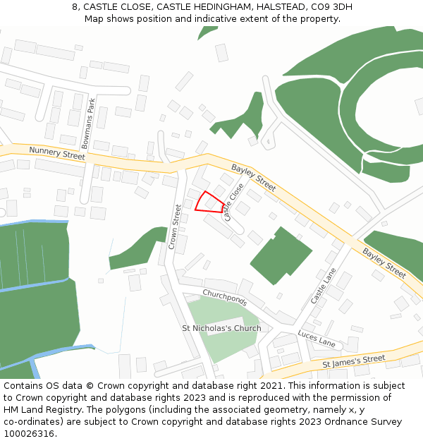 8, CASTLE CLOSE, CASTLE HEDINGHAM, HALSTEAD, CO9 3DH: Location map and indicative extent of plot