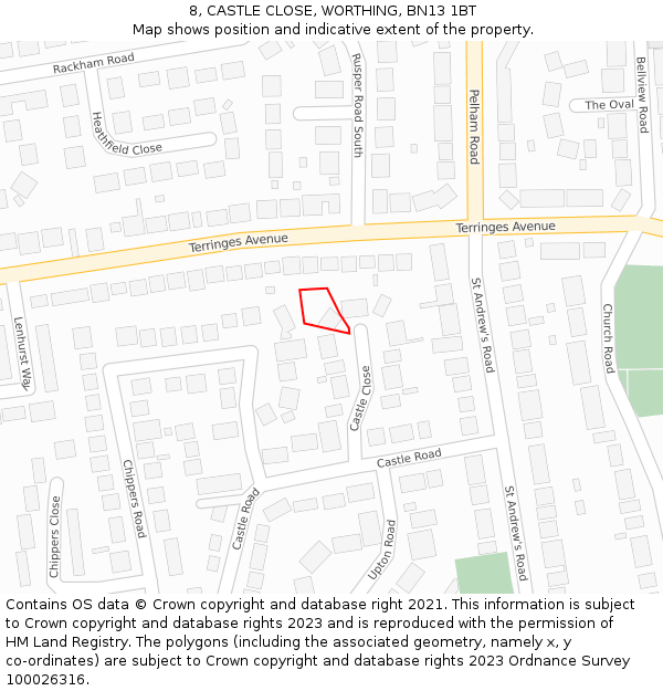 8, CASTLE CLOSE, WORTHING, BN13 1BT: Location map and indicative extent of plot