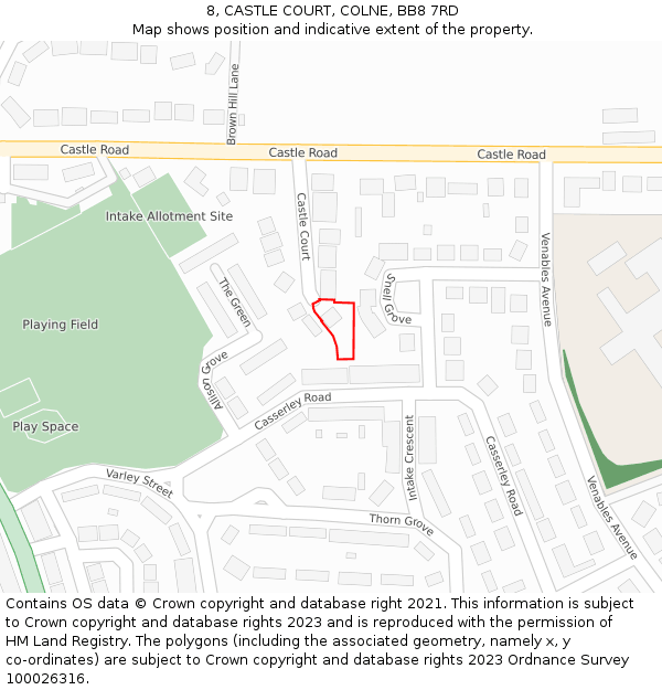 8, CASTLE COURT, COLNE, BB8 7RD: Location map and indicative extent of plot