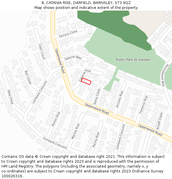 8, CATANIA RISE, DARFIELD, BARNSLEY, S73 9QZ: Location map and indicative extent of plot