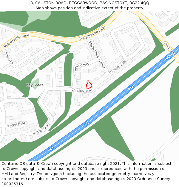 8, CAUSTON ROAD, BEGGARWOOD, BASINGSTOKE, RG22 4QQ: Location map and indicative extent of plot