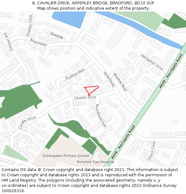 8, CAVALIER DRIVE, APPERLEY BRIDGE, BRADFORD, BD10 0UF: Location map and indicative extent of plot