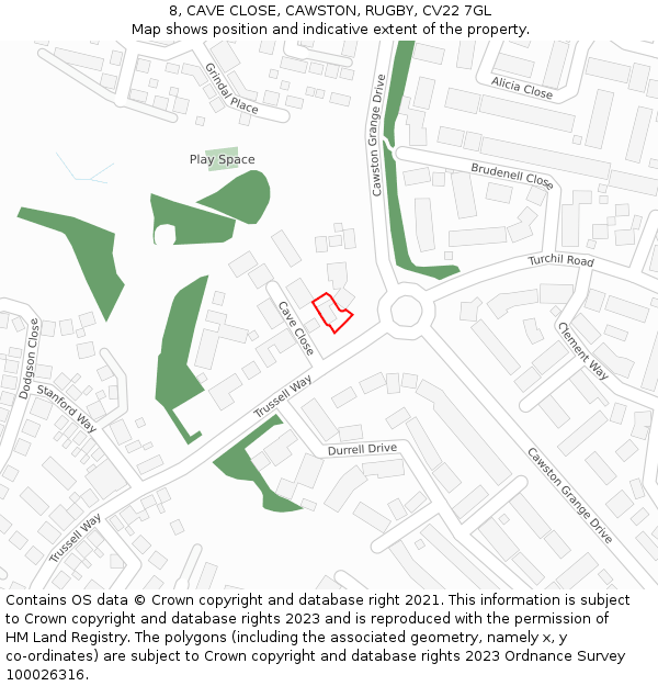8, CAVE CLOSE, CAWSTON, RUGBY, CV22 7GL: Location map and indicative extent of plot