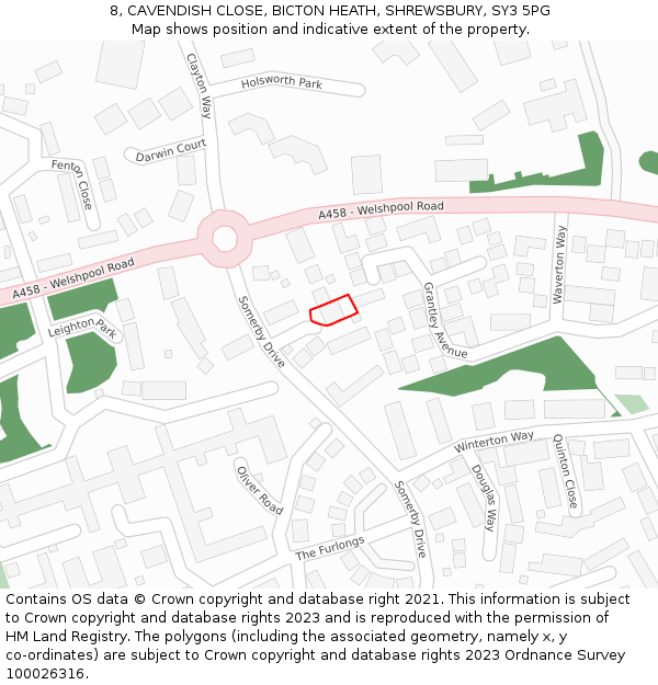 8, CAVENDISH CLOSE, BICTON HEATH, SHREWSBURY, SY3 5PG: Location map and indicative extent of plot