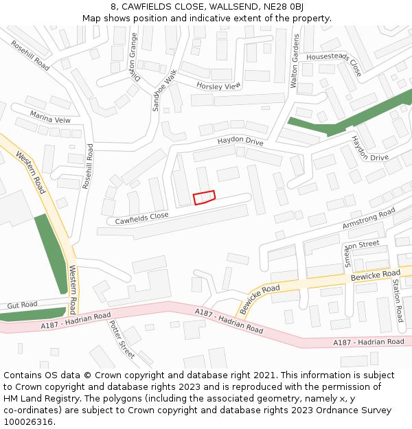 8, CAWFIELDS CLOSE, WALLSEND, NE28 0BJ: Location map and indicative extent of plot