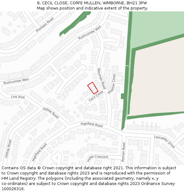 8, CECIL CLOSE, CORFE MULLEN, WIMBORNE, BH21 3PW: Location map and indicative extent of plot