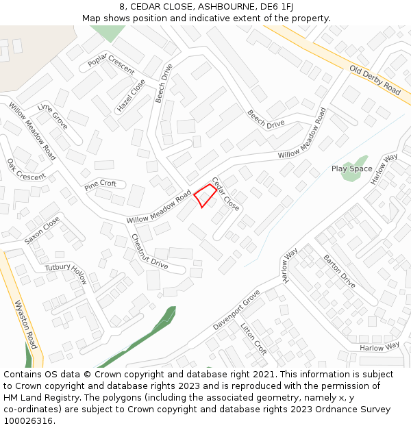 8, CEDAR CLOSE, ASHBOURNE, DE6 1FJ: Location map and indicative extent of plot