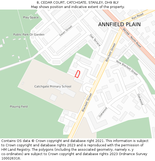 8, CEDAR COURT, CATCHGATE, STANLEY, DH9 8LY: Location map and indicative extent of plot