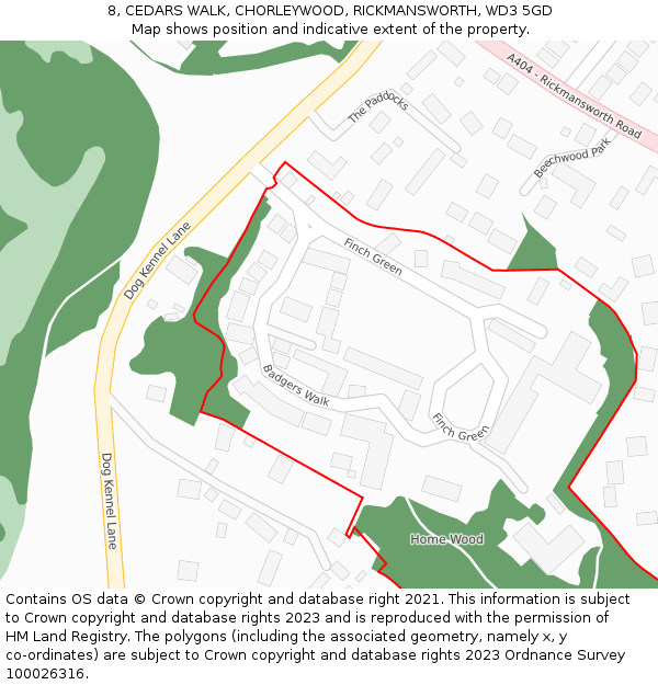 8, CEDARS WALK, CHORLEYWOOD, RICKMANSWORTH, WD3 5GD: Location map and indicative extent of plot