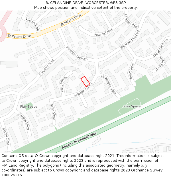 8, CELANDINE DRIVE, WORCESTER, WR5 3SP: Location map and indicative extent of plot