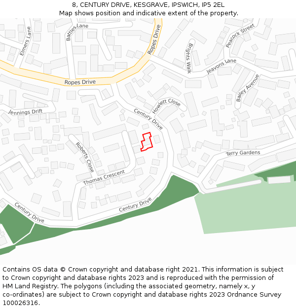 8, CENTURY DRIVE, KESGRAVE, IPSWICH, IP5 2EL: Location map and indicative extent of plot