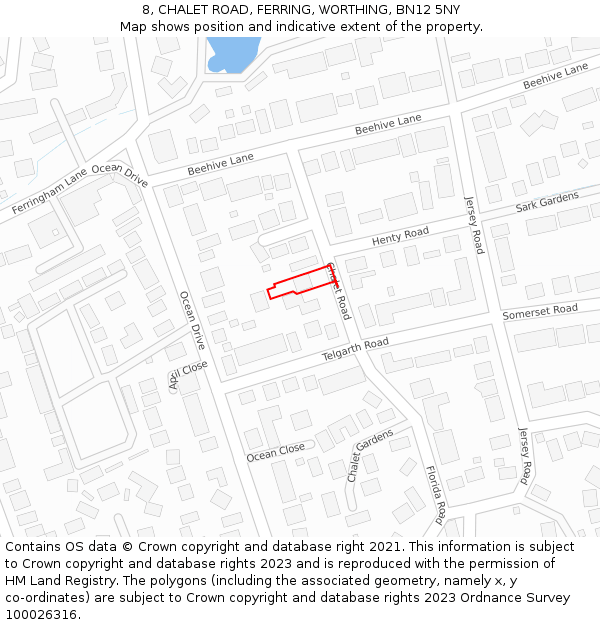 8, CHALET ROAD, FERRING, WORTHING, BN12 5NY: Location map and indicative extent of plot