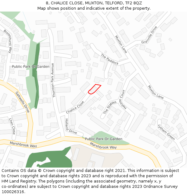 8, CHALICE CLOSE, MUXTON, TELFORD, TF2 8QZ: Location map and indicative extent of plot