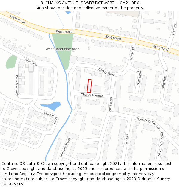 8, CHALKS AVENUE, SAWBRIDGEWORTH, CM21 0BX: Location map and indicative extent of plot