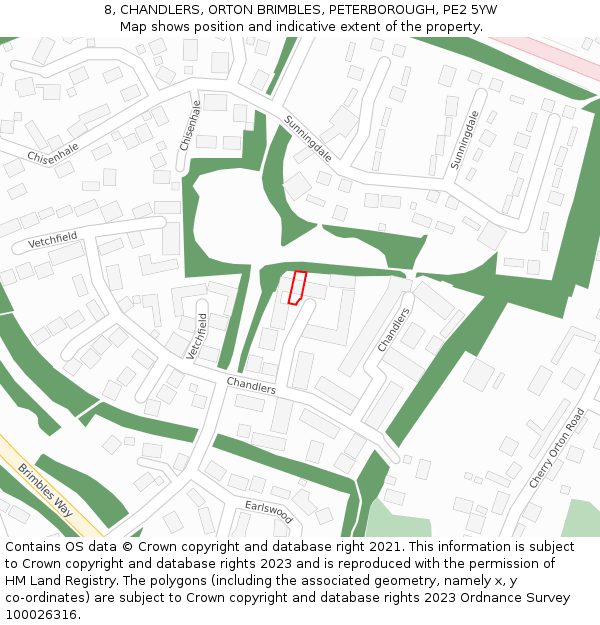 8, CHANDLERS, ORTON BRIMBLES, PETERBOROUGH, PE2 5YW: Location map and indicative extent of plot