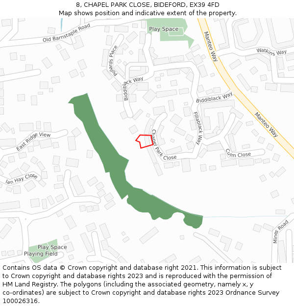 8, CHAPEL PARK CLOSE, BIDEFORD, EX39 4FD: Location map and indicative extent of plot