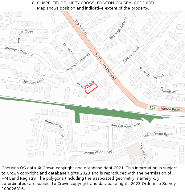 8, CHAPELFIELDS, KIRBY CROSS, FRINTON-ON-SEA, CO13 0RD: Location map and indicative extent of plot