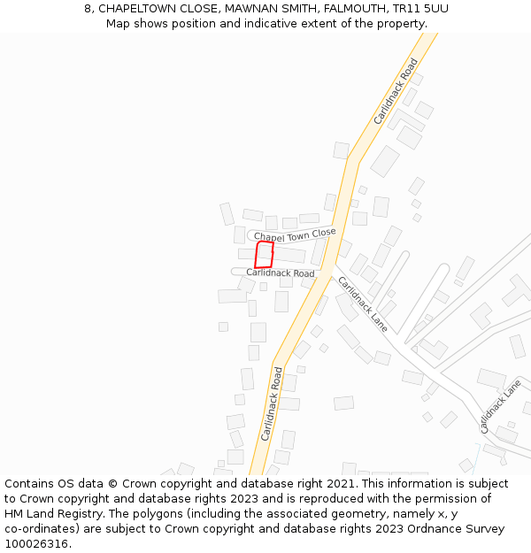 8, CHAPELTOWN CLOSE, MAWNAN SMITH, FALMOUTH, TR11 5UU: Location map and indicative extent of plot