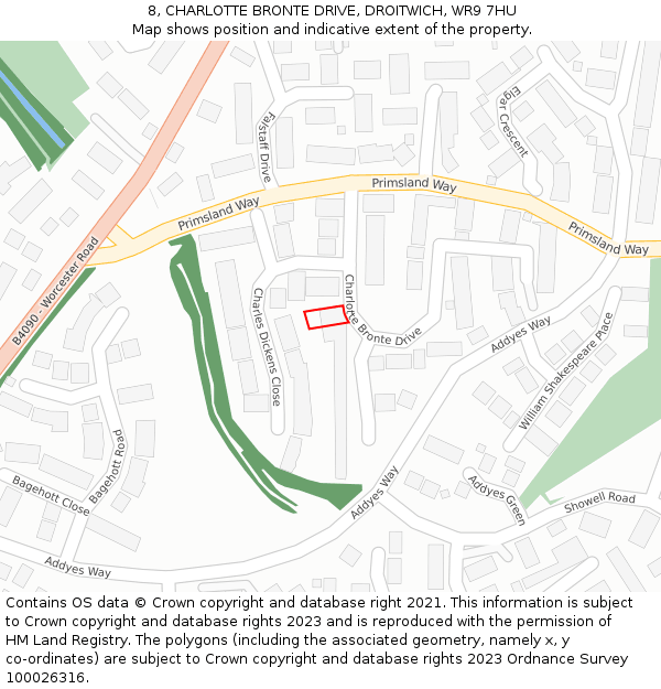 8, CHARLOTTE BRONTE DRIVE, DROITWICH, WR9 7HU: Location map and indicative extent of plot