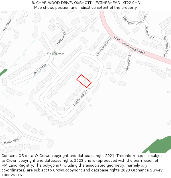 8, CHARLWOOD DRIVE, OXSHOTT, LEATHERHEAD, KT22 0HD: Location map and indicative extent of plot