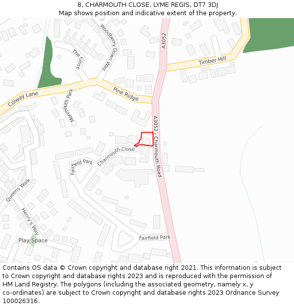 8, CHARMOUTH CLOSE, LYME REGIS, DT7 3DJ: Location map and indicative extent of plot