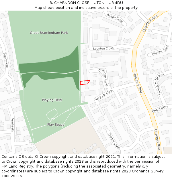 8, CHARNDON CLOSE, LUTON, LU3 4DU: Location map and indicative extent of plot