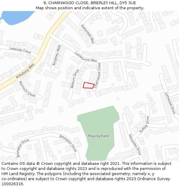 8, CHARNWOOD CLOSE, BRIERLEY HILL, DY5 3UE: Location map and indicative extent of plot