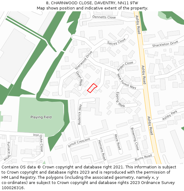 8, CHARNWOOD CLOSE, DAVENTRY, NN11 9TW: Location map and indicative extent of plot