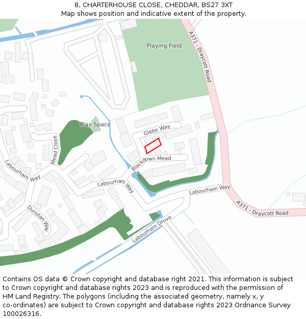 8, CHARTERHOUSE CLOSE, CHEDDAR, BS27 3XT: Location map and indicative extent of plot